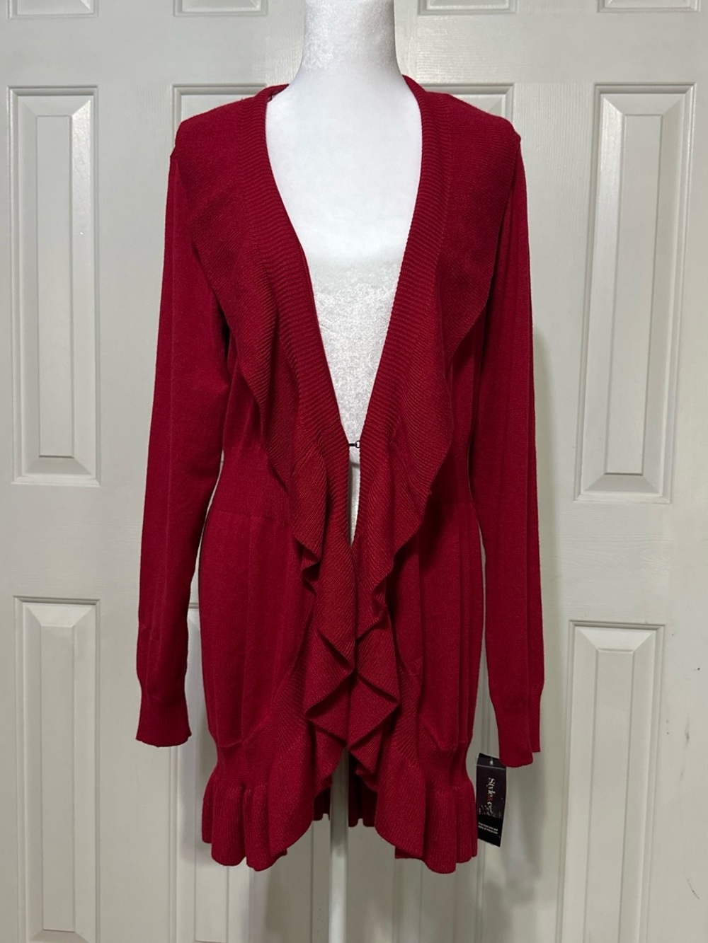 Style & Co. Red Ruffle Open-Front Cardigan